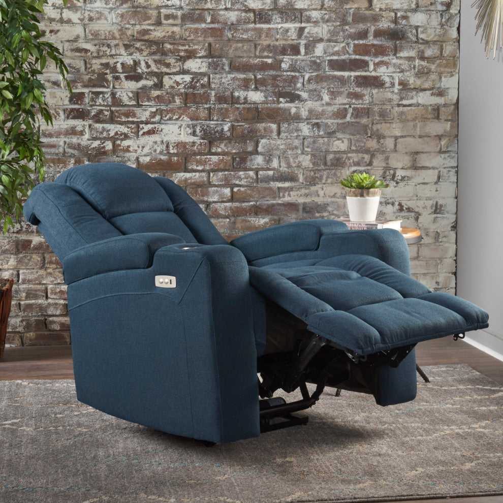 GDF Studio Everette Navy Blue Power Recliner With Arm Storage and USB Cord