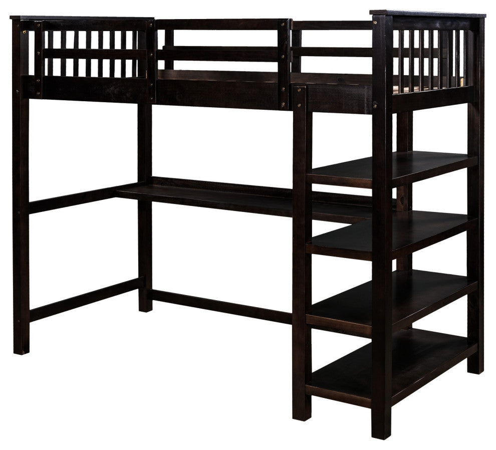 Espresso Twin Size Wood Loft Bed With Storage Shelves and Desk