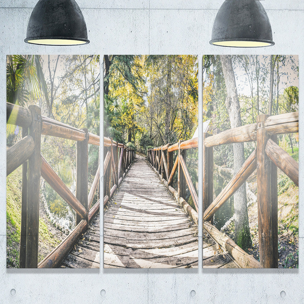 "Wooden Bridge in Forest" Wooden Sea Bridge Metal Wall Art, 3 Panels, 36"x28"