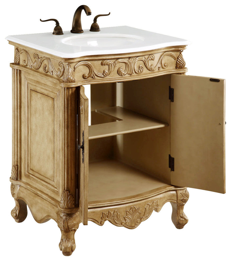 27" Single Bathroom Vanity, Antique Beige With ivory white engineered marble, Antique Beige, Ivory White Engineered Marble Top