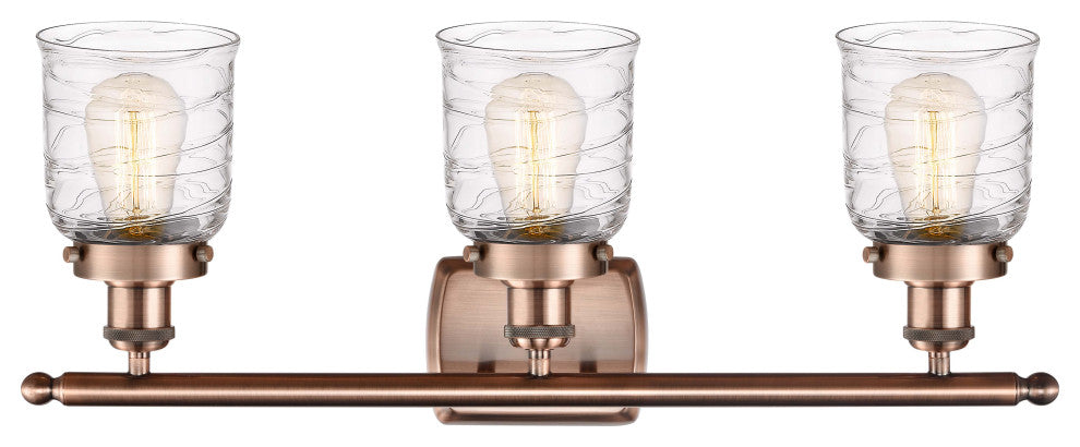 Small Bell 3 Light Bath Vanity Light, Antique Copper, Deco Swirl