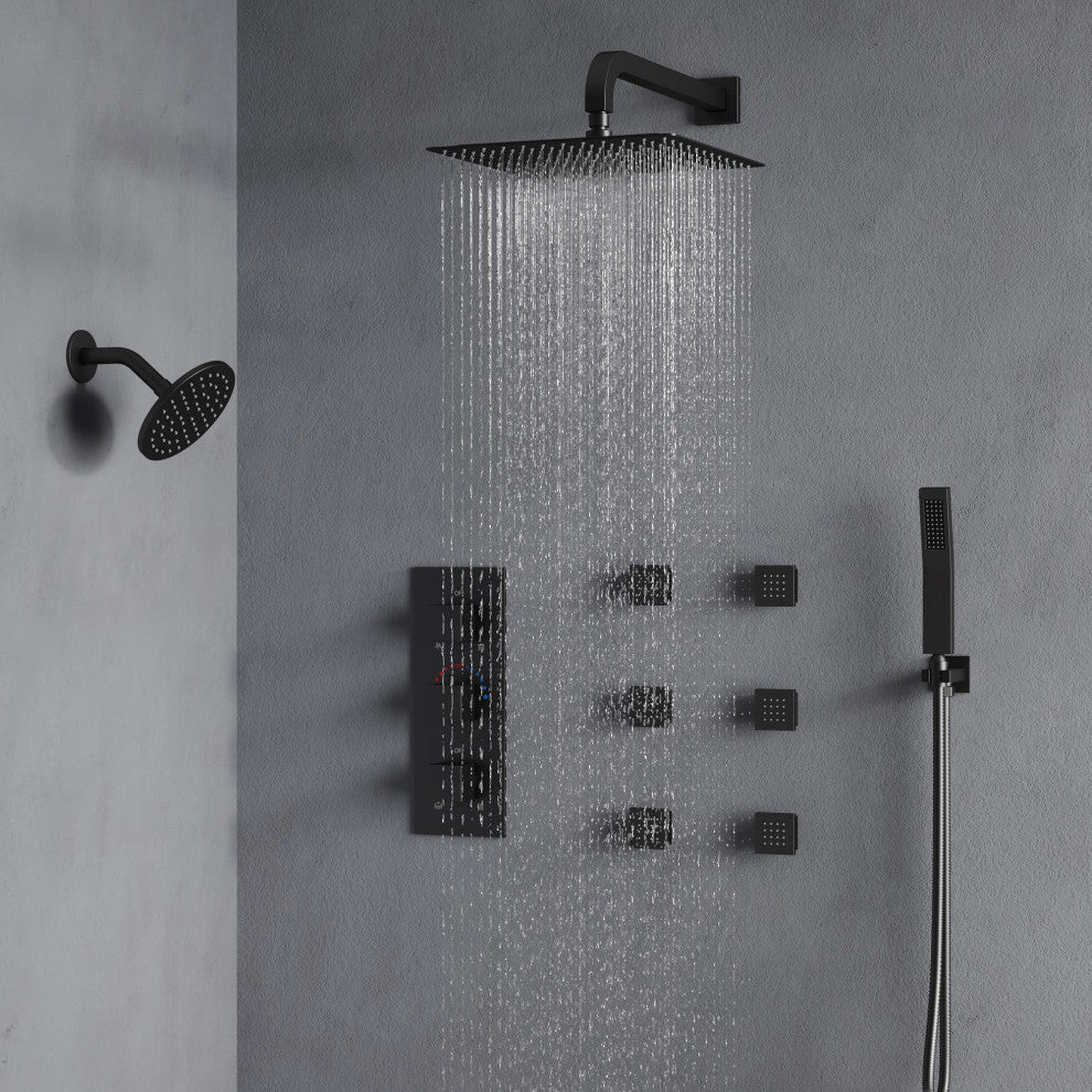 Dual Heads 12" Rain Shower System With 3 Way Thermostatic Faucet,Body Jets, Matte Black