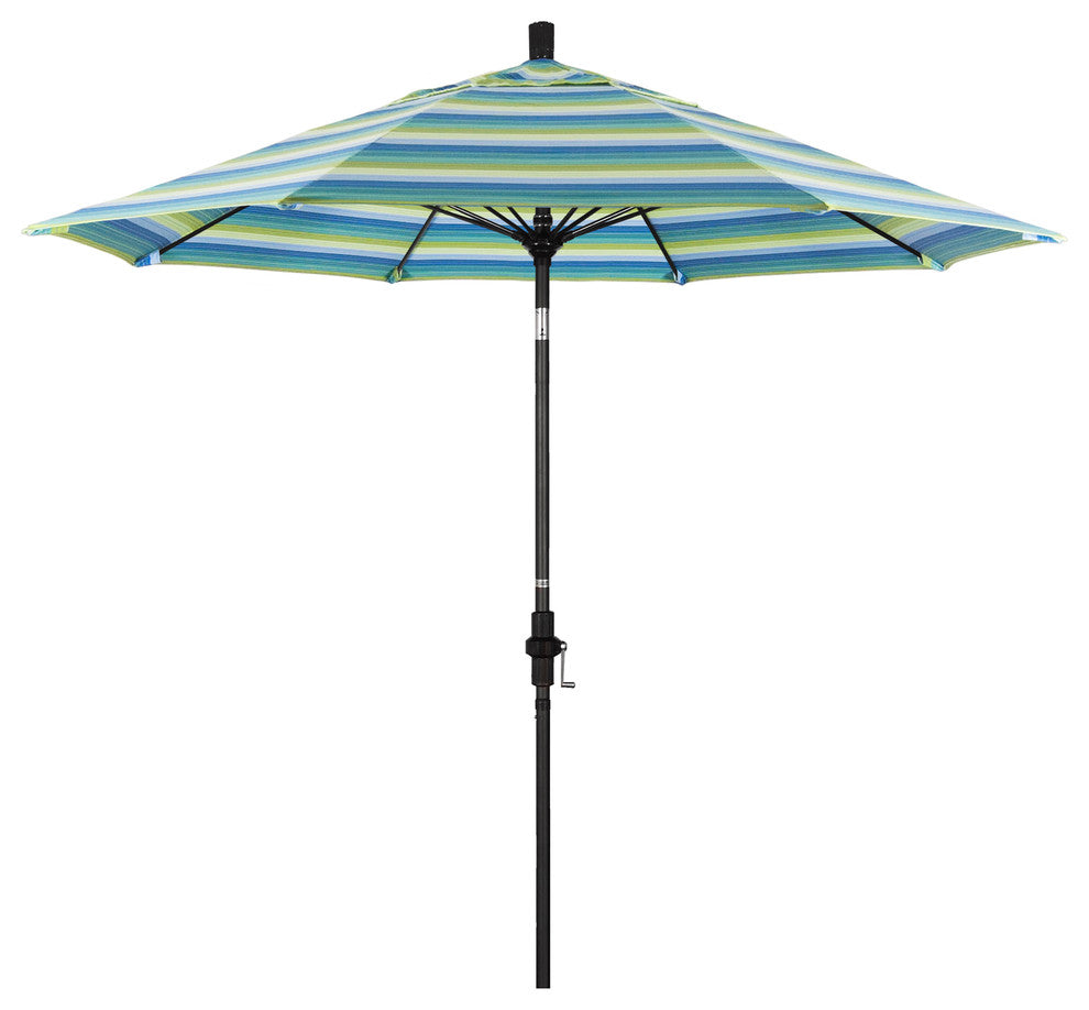 9' Matted Black Collar Tilt Lift Fiberglass Rib Aluminum Umbrella, Sunbrella, Seville Seaside