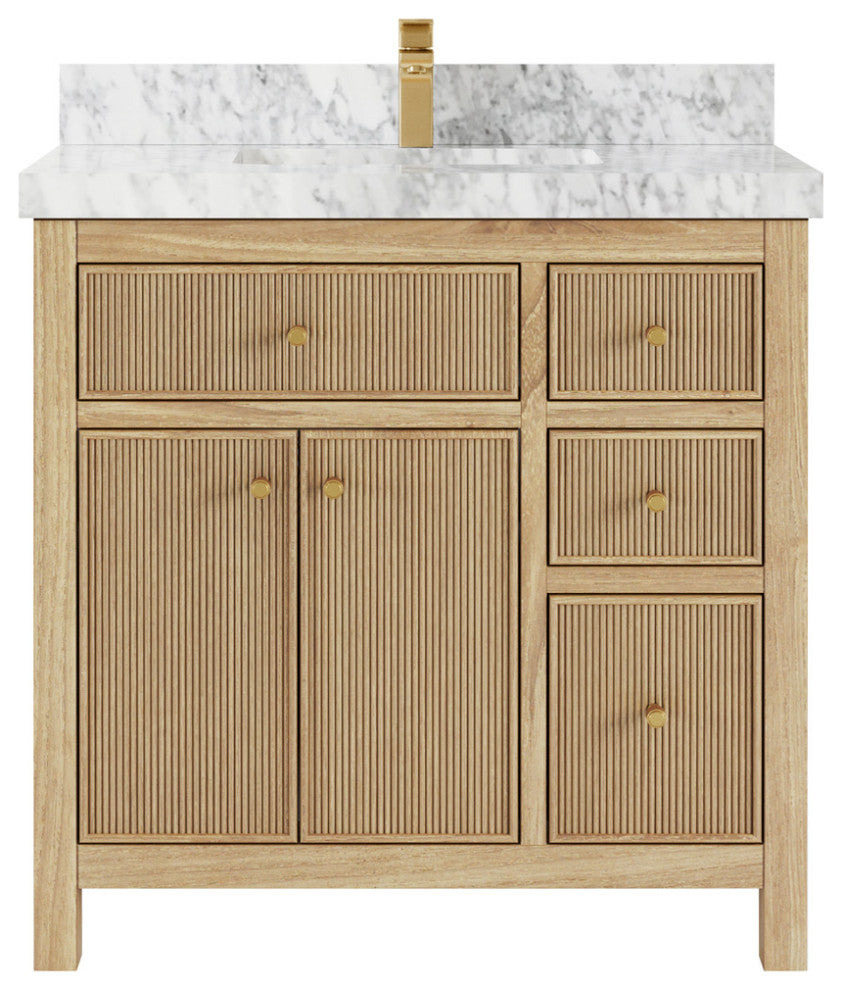 Sonoma 36 Center Sink Bath Vanity in Light Natural Teak with 2" Carrara Marble