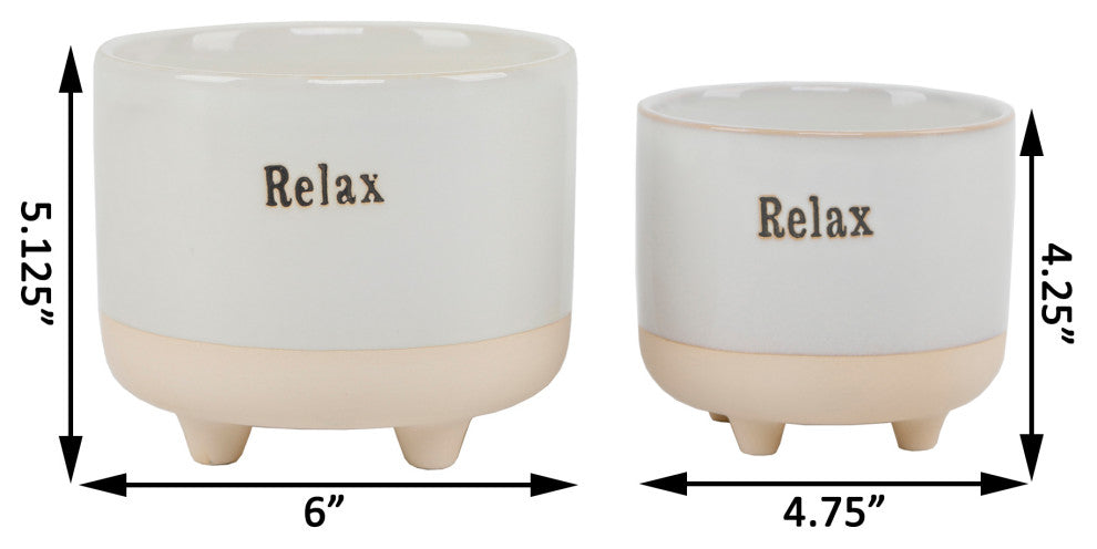 6In and 4.75, Text Relax Ceramic Footed Planter, Set of 2