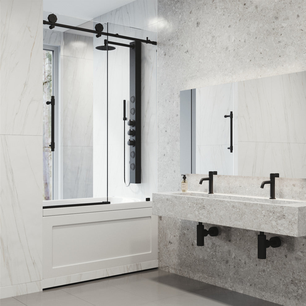 VIGO Elan Hart 56" to 60" W x 66" H Frameless Sliding Tub Door, Matte Black, Clear Glass