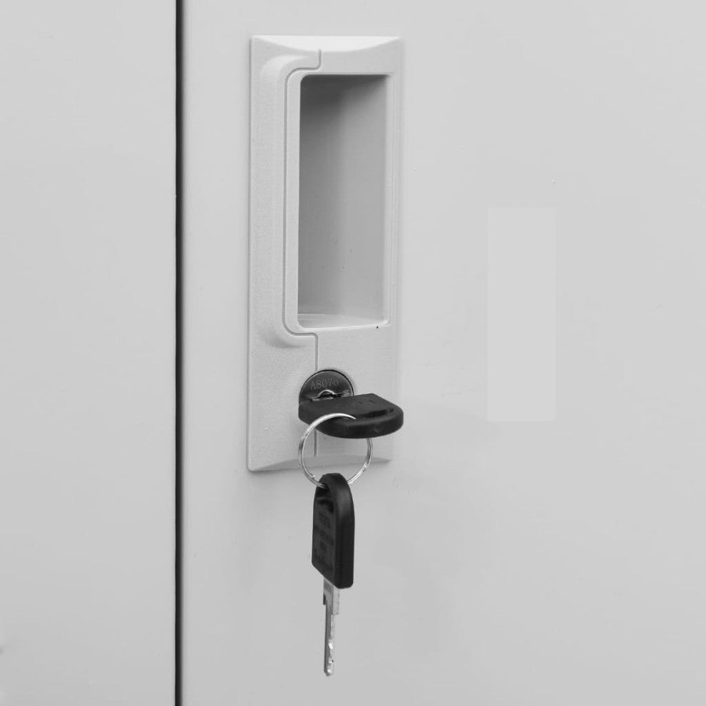 Close-up shot of cabinet lock/handle with white background; cropped view.