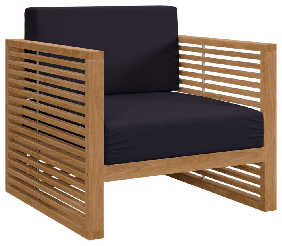 Lounge Chair ArmchairTable Set, Blue Navy Natural, Teak Wood, Outdoor Garden