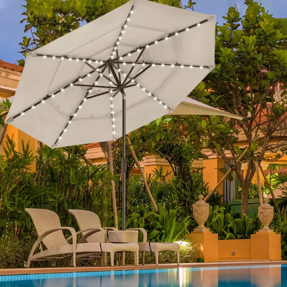 Patio Umbrella With LED Rib Lights and Fadeproof 3 Tier Fabric Canopy, Antique Beige