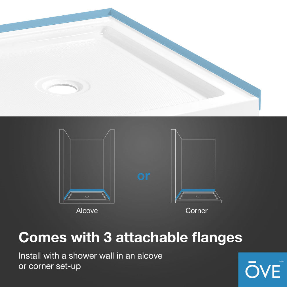 Ove Decors Erika Shower Base Rectangle, White, 38"x36", Center Drain