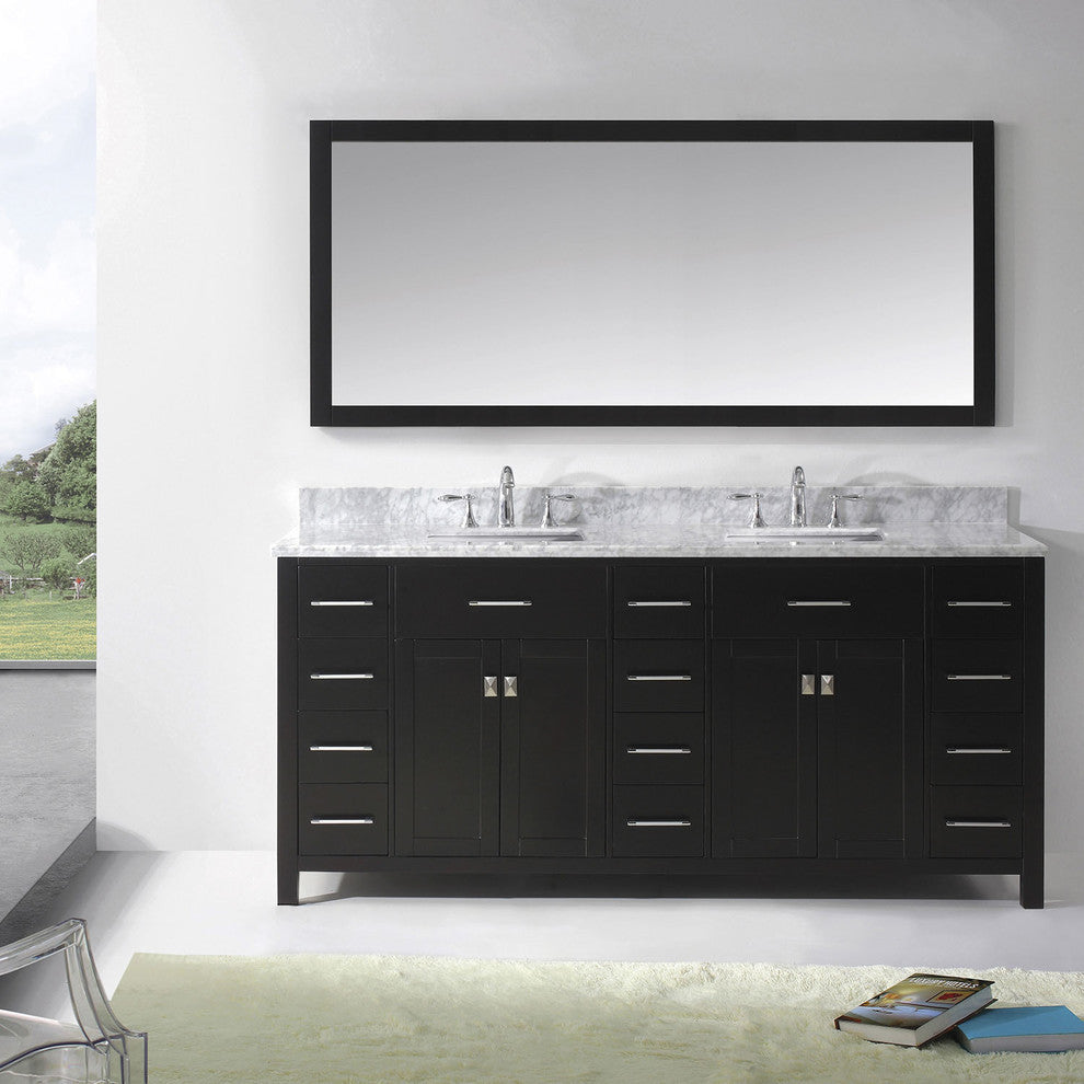 Virtu Caroline Parkway 72" Double Bathroom Vanity, Espresso With Faucet, Mirror