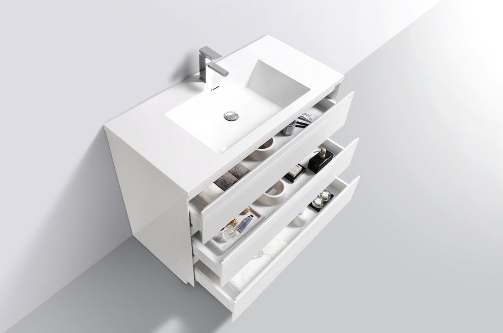 Moa Bathroom Vanity With 3 Drawers and Acrylic Sink, Gloss White, 42"