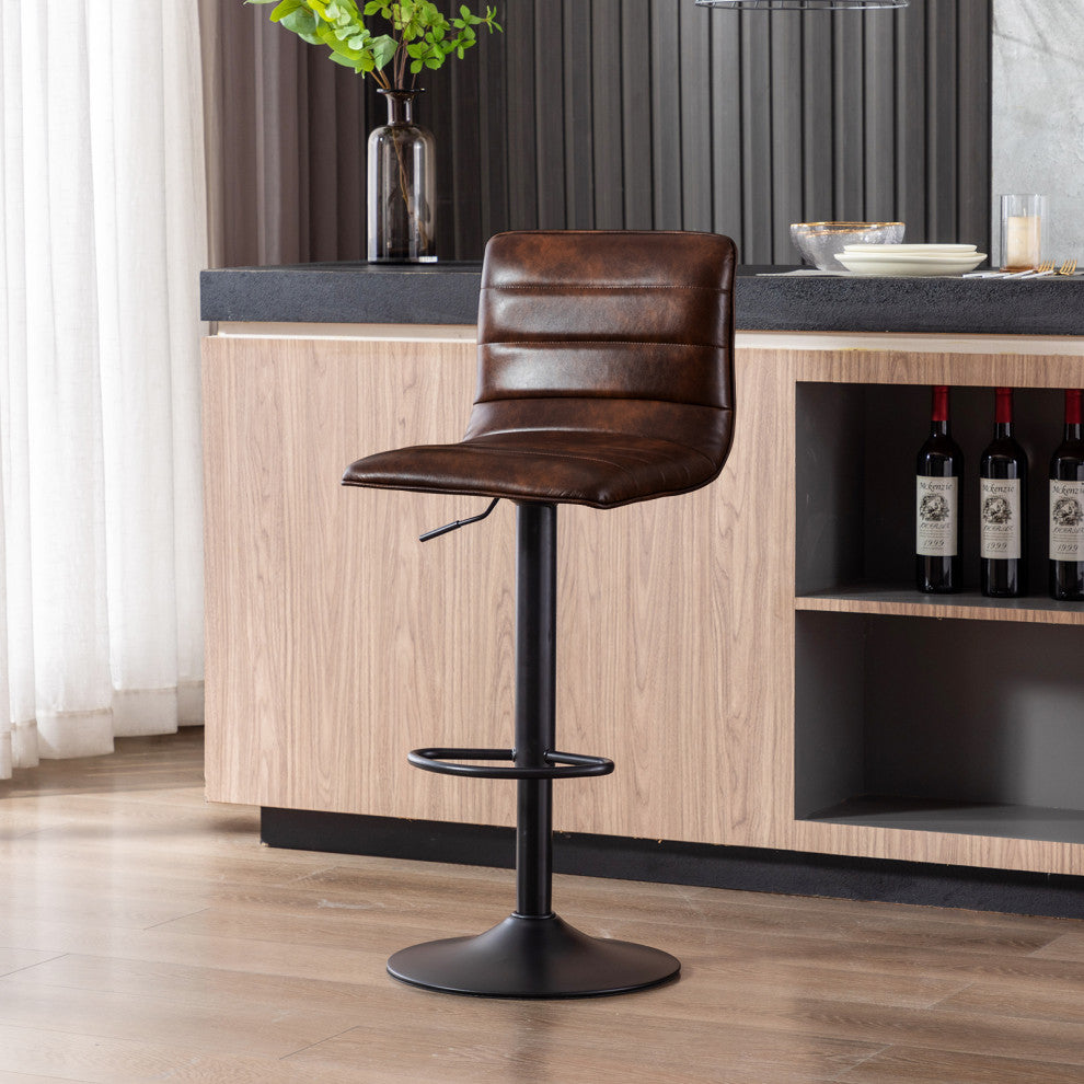 1 x Horizontal Stitched Faux Leather Bar Stool, Dark Brown