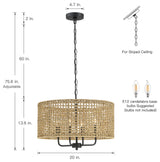 20" 4-Light Bohemian Coastal Drum Chandelier with Seagrass Hand Woven Shade