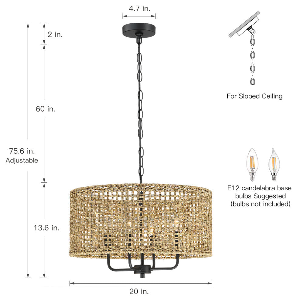 20" 4-Light Bohemian Coastal Drum Chandelier with Seagrass Hand Woven Shade