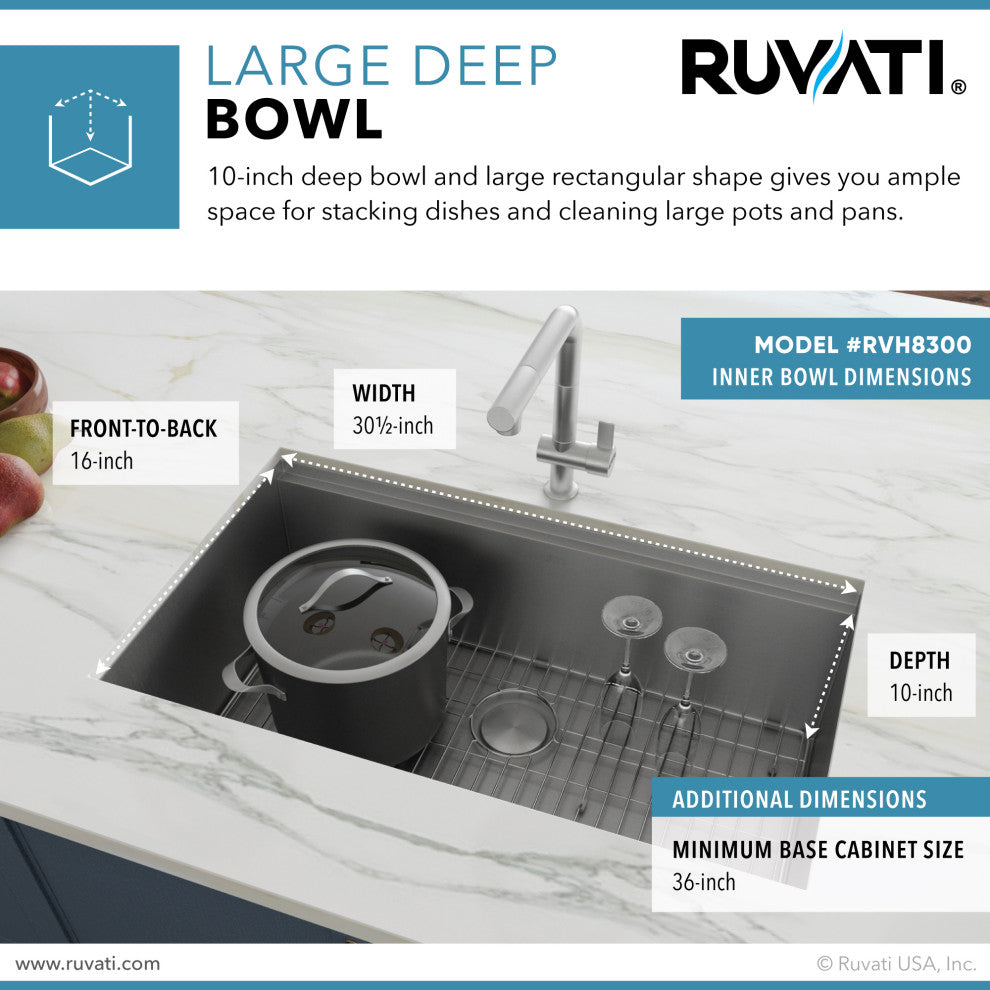 Ruvati RVH8300 Undermount 16 Gauge 32" Kitchen Sink Single Bowl