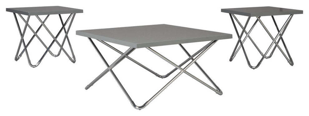 Modern Style Metal Table Set with Overlapping Tubular Legs, Set of 3, Gray