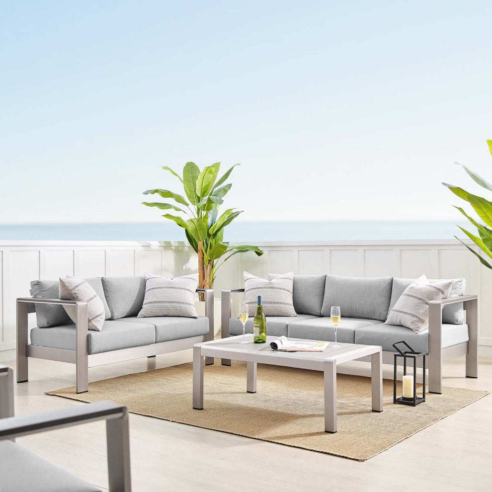 Sectional Sofa Chair Table Set, Sunbrella, Aluminum, Silver Gray, Outdoor