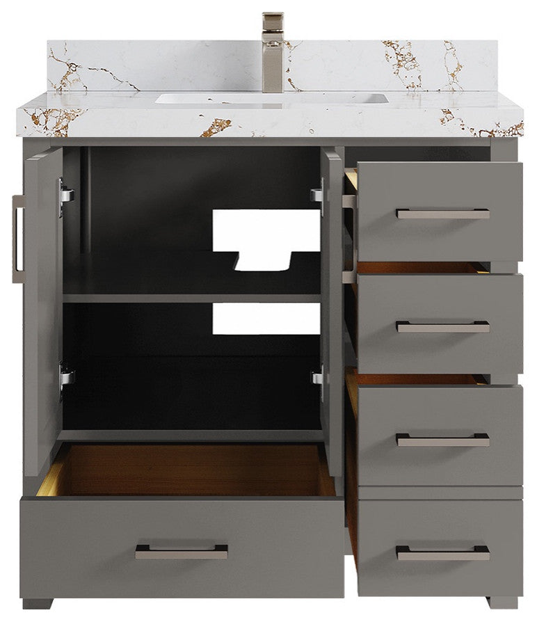 Malibu 36 Center Sink Bath Vanity in Elephant Skin Gray 2" Viola Gold