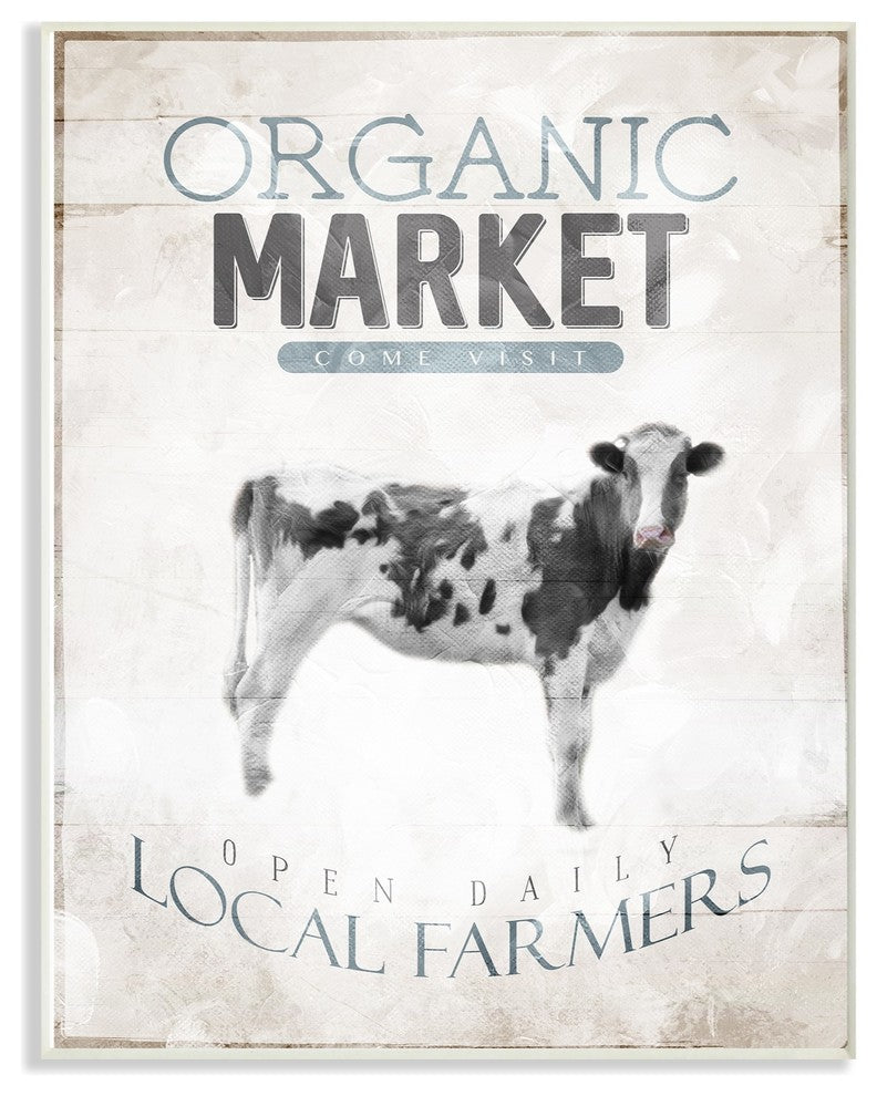 Blue Gray & White Organic Market Local Farmers Cow Wall Plaque Art, 10"x15"