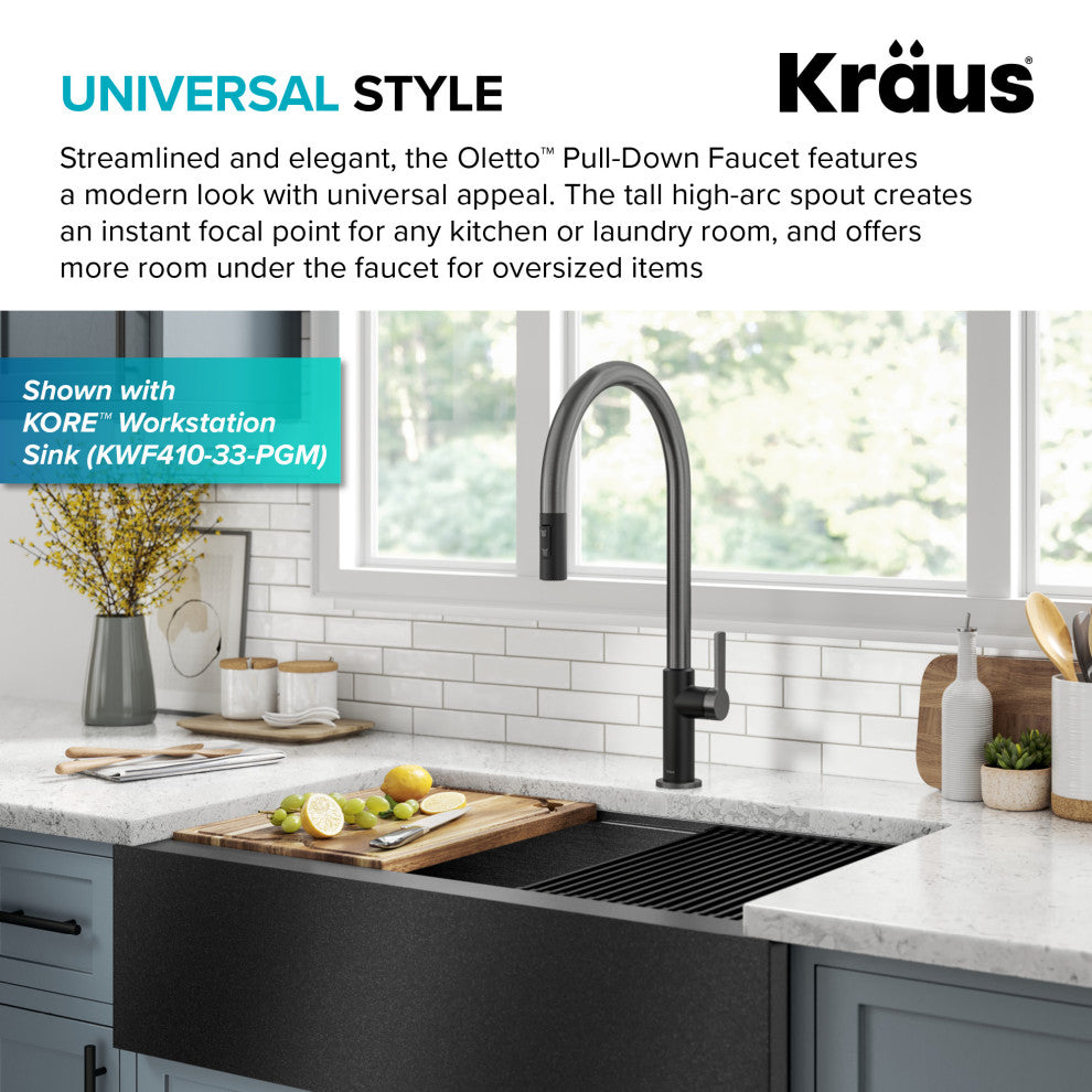 Oletto Pull-Down 1-Hole Kitchen Faucet, Matte Black/ Spot Free Black Stainless