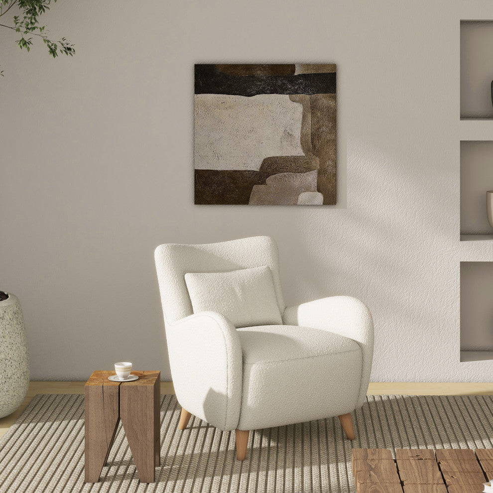 Lune Curved Arm Accent Chair With Lumbar Pillow, Ivory White Boucle