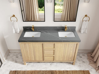 Elizabeth Oak 60" Double Sink Vanity, White 2" Piatra Gray