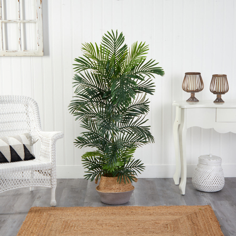 T2929 5 Areca Palm Tree in Boho Chic Handmade Gray Woven Planter UV Resistant