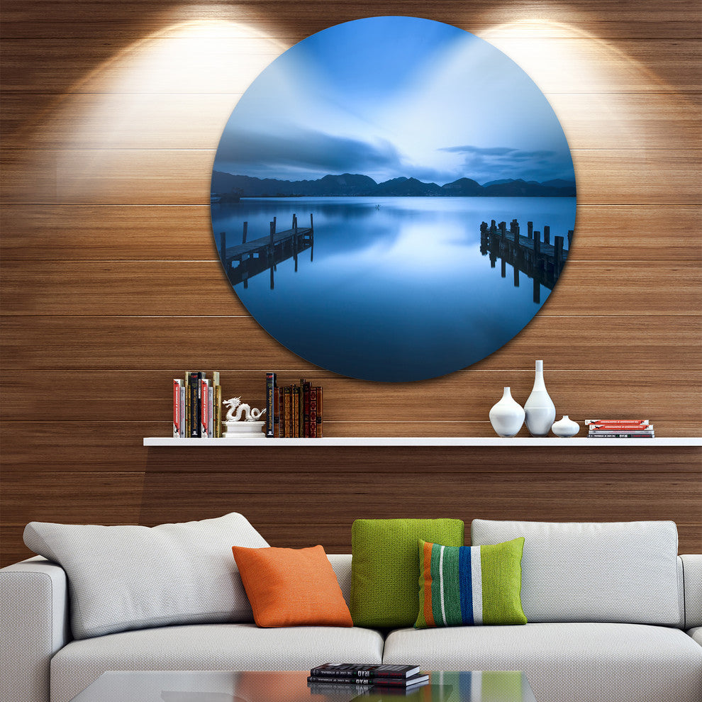 Dark Blue Sea And Piers, Seascape Photo Round Wall Art, 11"