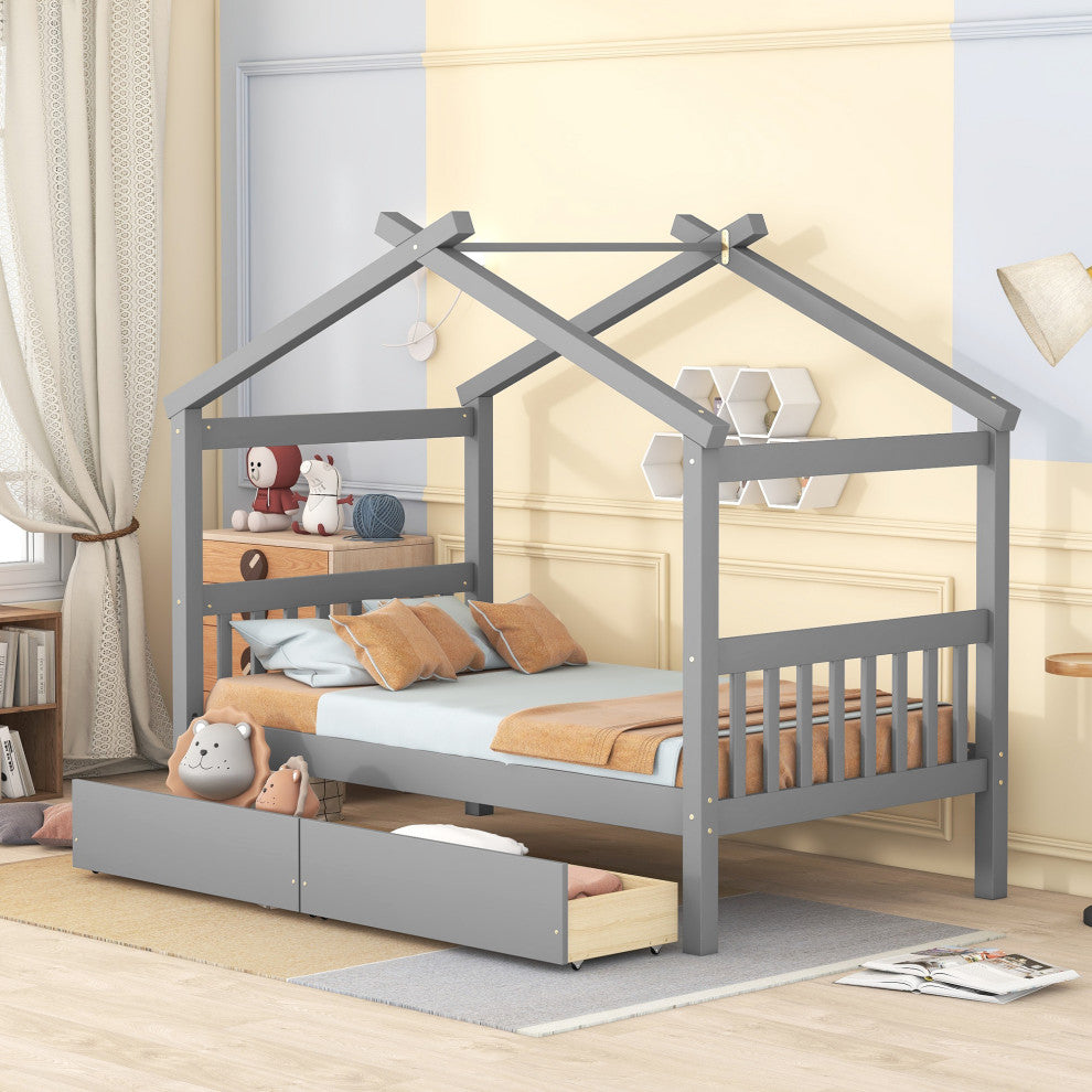 Gewnee Twin Size Wooden House Bed with Drawers, Gray