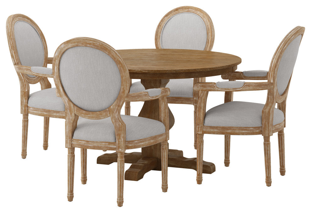Bryan French Country Fabric Upholstered Wood 5-Piece Circular Dining Set, Natural/Light Gray
