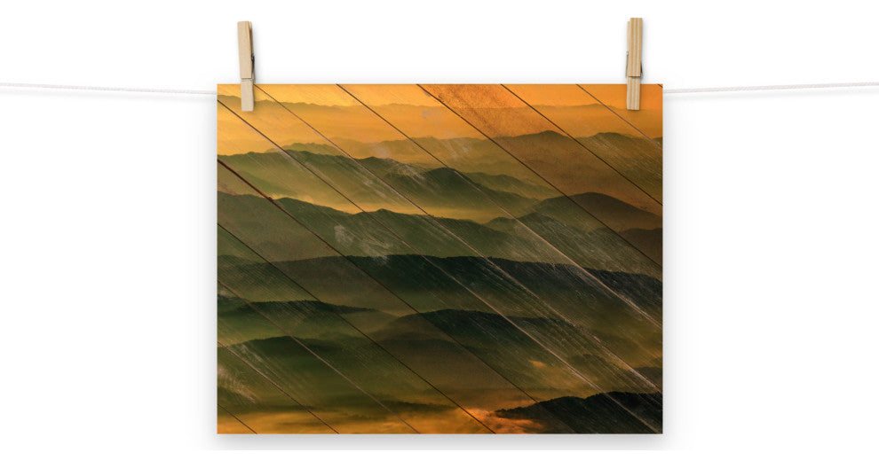 Faux Wood Foggy Mountain Layers at Sunset Landscape Unframed Wall Art Prints, 11" X 14"