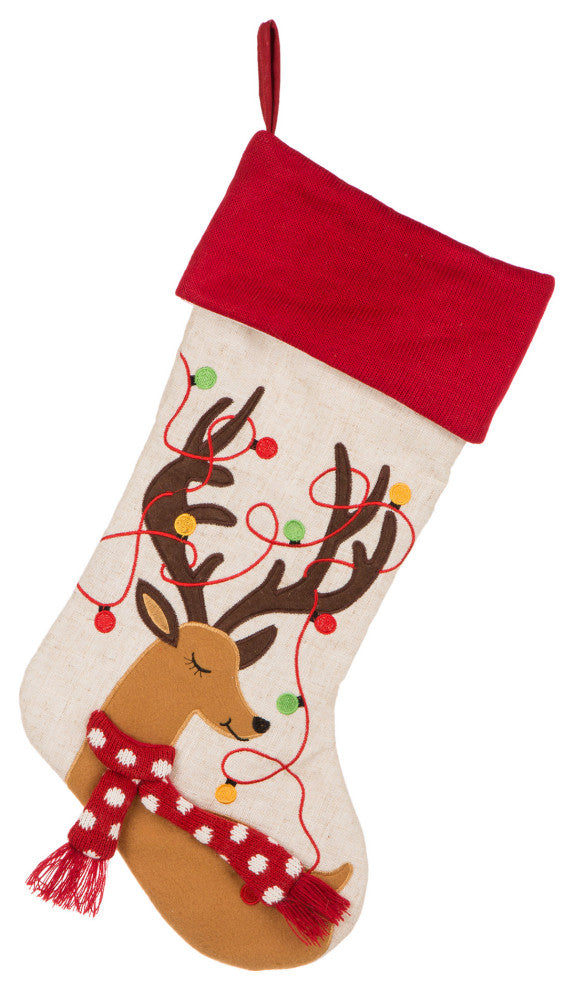 Set of 3 LED Embroidered Linen Christmas Decoration, Stocking and Tree Skirt
