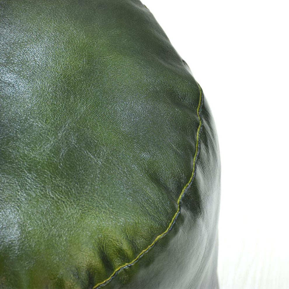 Pouf-Solid Handmade Leather Pouf (Recycled Foam with Fiber Fill), Green, {Round} 16x16x16