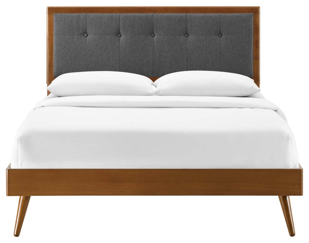 Platform Bed Frame, King Size, Wood, Brown Walnut Gray, Modern Mid-Century