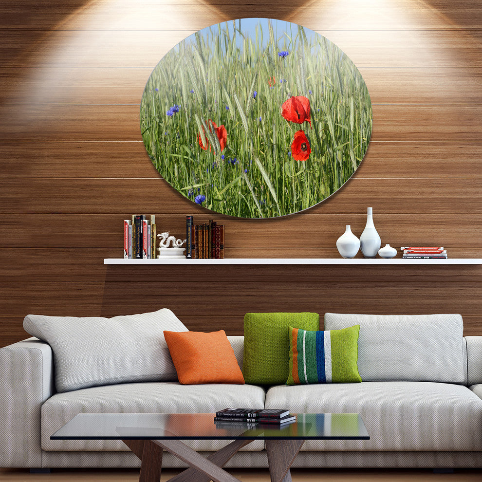 Rural Landscape With Red Poppies, Landscape Wall Round Wall Art, 11"