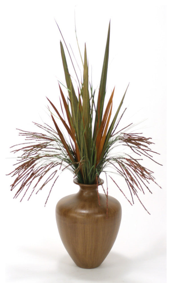 Seeded Grass and Blade Grasses in Brown Vase