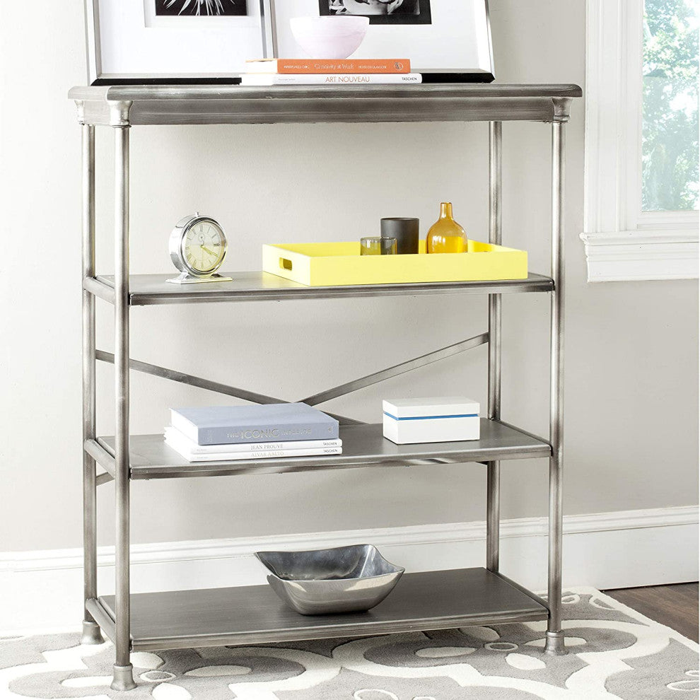 Modern Bookcase, Metal Frame and Wooden Shelves With Unique Silver Finish