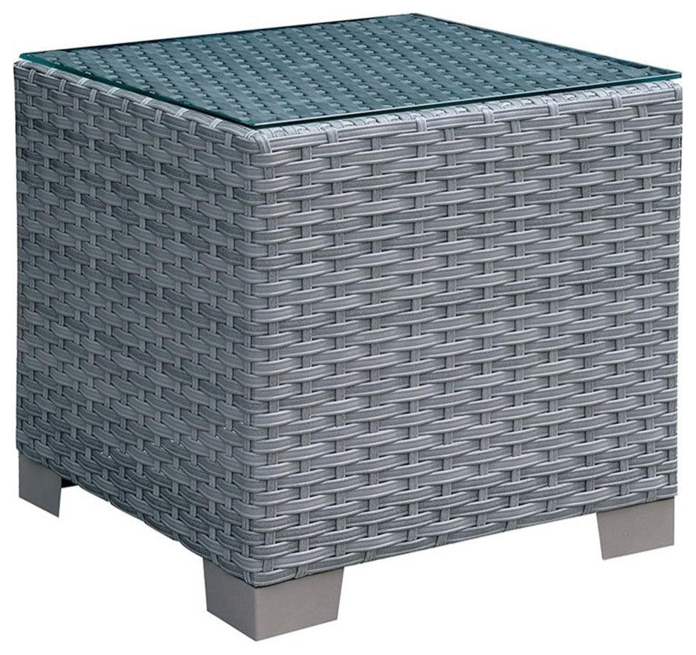Home Square Condor Rattan Glass Top Patio End Table in Gray - Set of 2