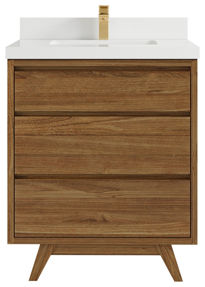 Madison Teak 30 Single Sink Bath Vanity in Dark Natural 2" White Quartz
