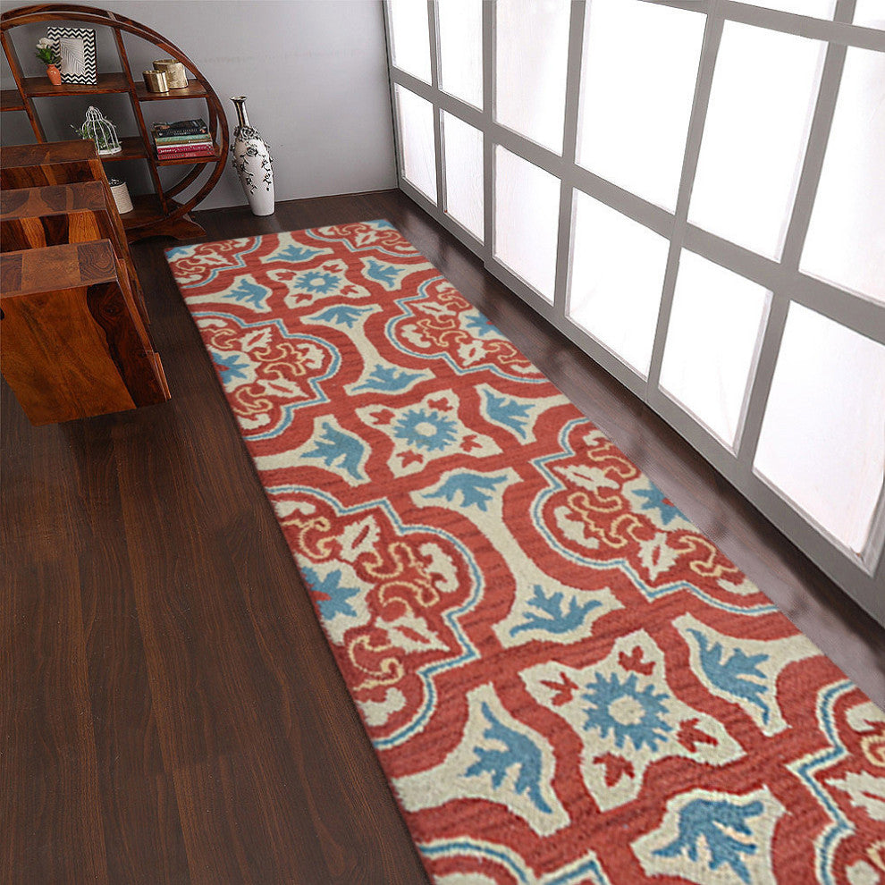 HAND TUFTED WOOL ECO-FRIENDLY AREA RUGS - Runner,Red Beige,Floral