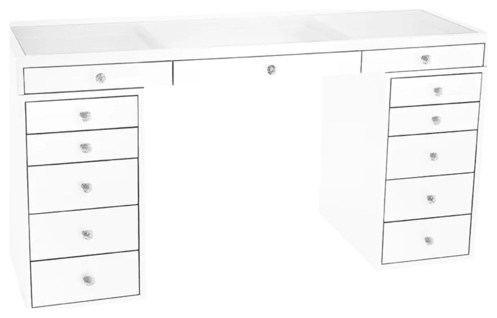 Slaystation Pro Premium Makeup Desk with Drawer and Crystal Knobs, White