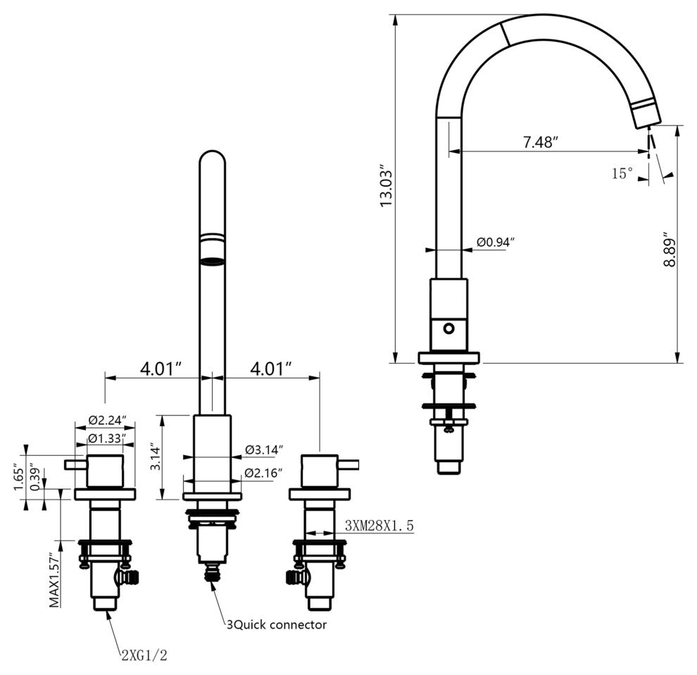 Deck Mounted Dual Handles Widespread Bathroom Faucet, Brushed Gold
