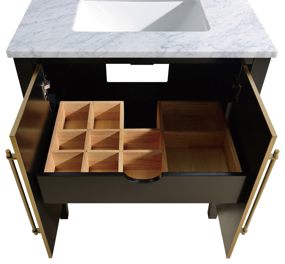 Mason 31" Vanity Combo, Black, Matte Gold Hardware / Natural 1" Carrara White Marble Countertop and Backsplash
