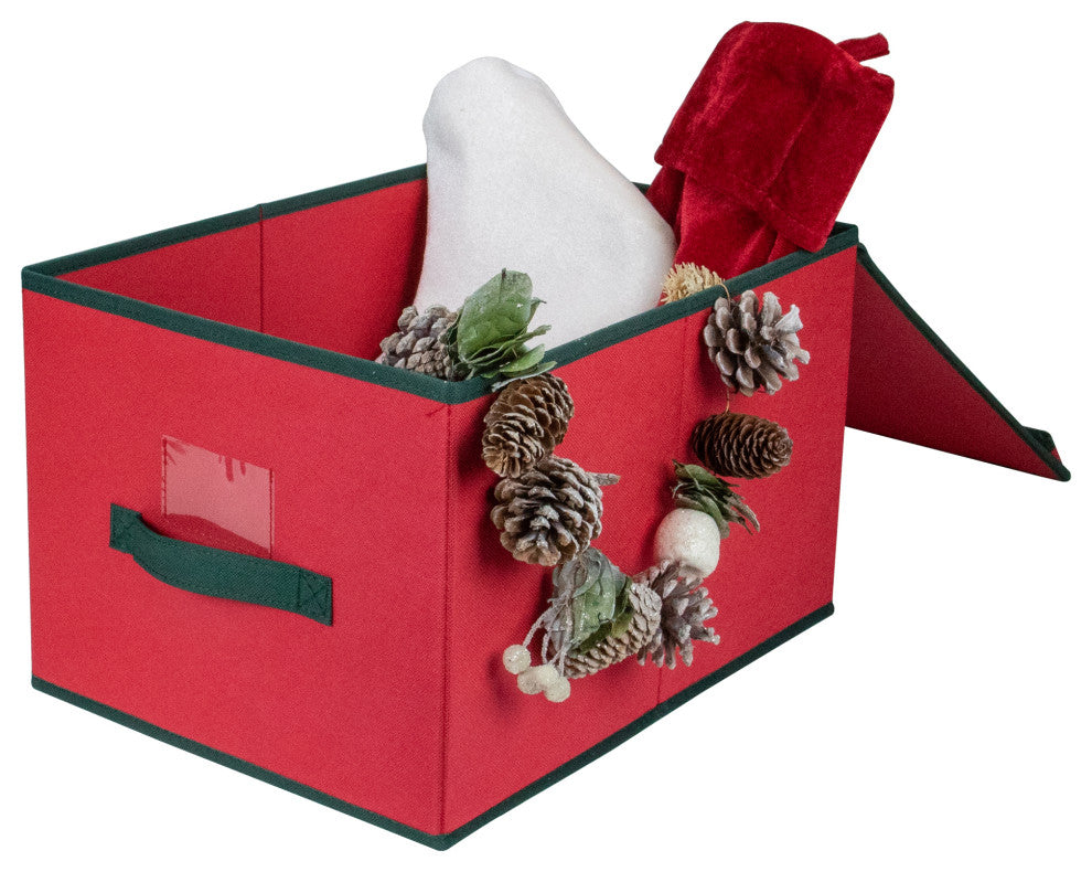 16" Red and Green Collapsible Christmas Decoration Storage Box With Handel