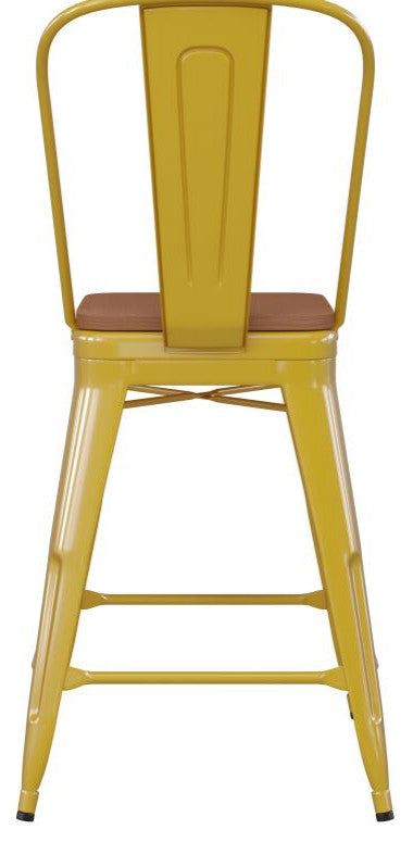 Kai Commercial Grade 24" Metal Indoor-Outdoor Counter Stool w/Removable Seat, Yellow/Teak