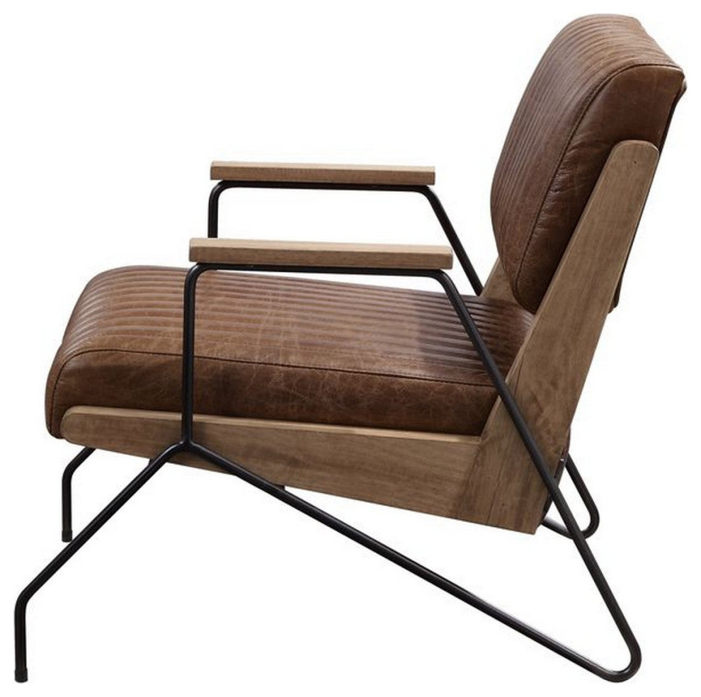 Benzara BM250697 Accent Chair With Leatherette Seat and Channel Stitch, Brown