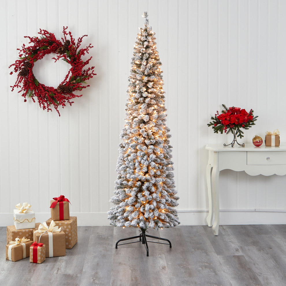 7' Flocked Pencil Faux Xmas Tree With 400 Clear Lights and 574 Bendable Branches