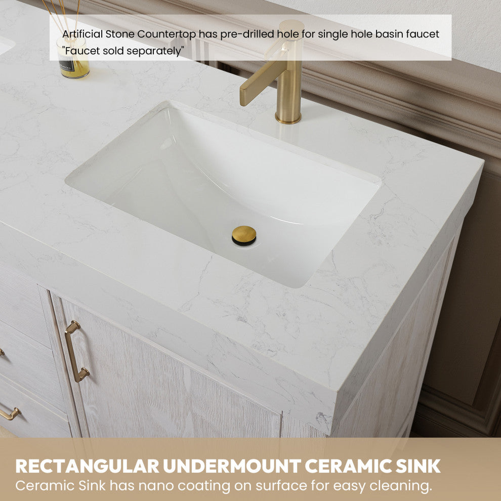 Leon Bath Vanity With Composite Stone Top, Washed White, 24", No Mirror
