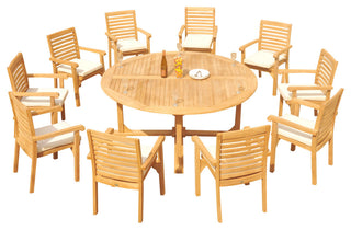 11-Piece Outdoor Teak Dining Set: 72" Round Table, 10 Hari Stacking Arm Chairs